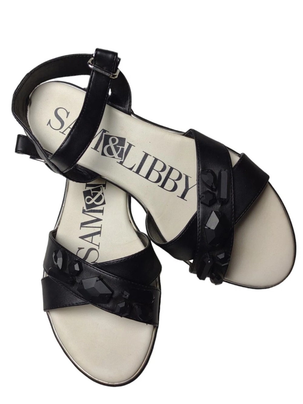 Sam & Libby Beaded Sandals 9 Ankle Strap Black White